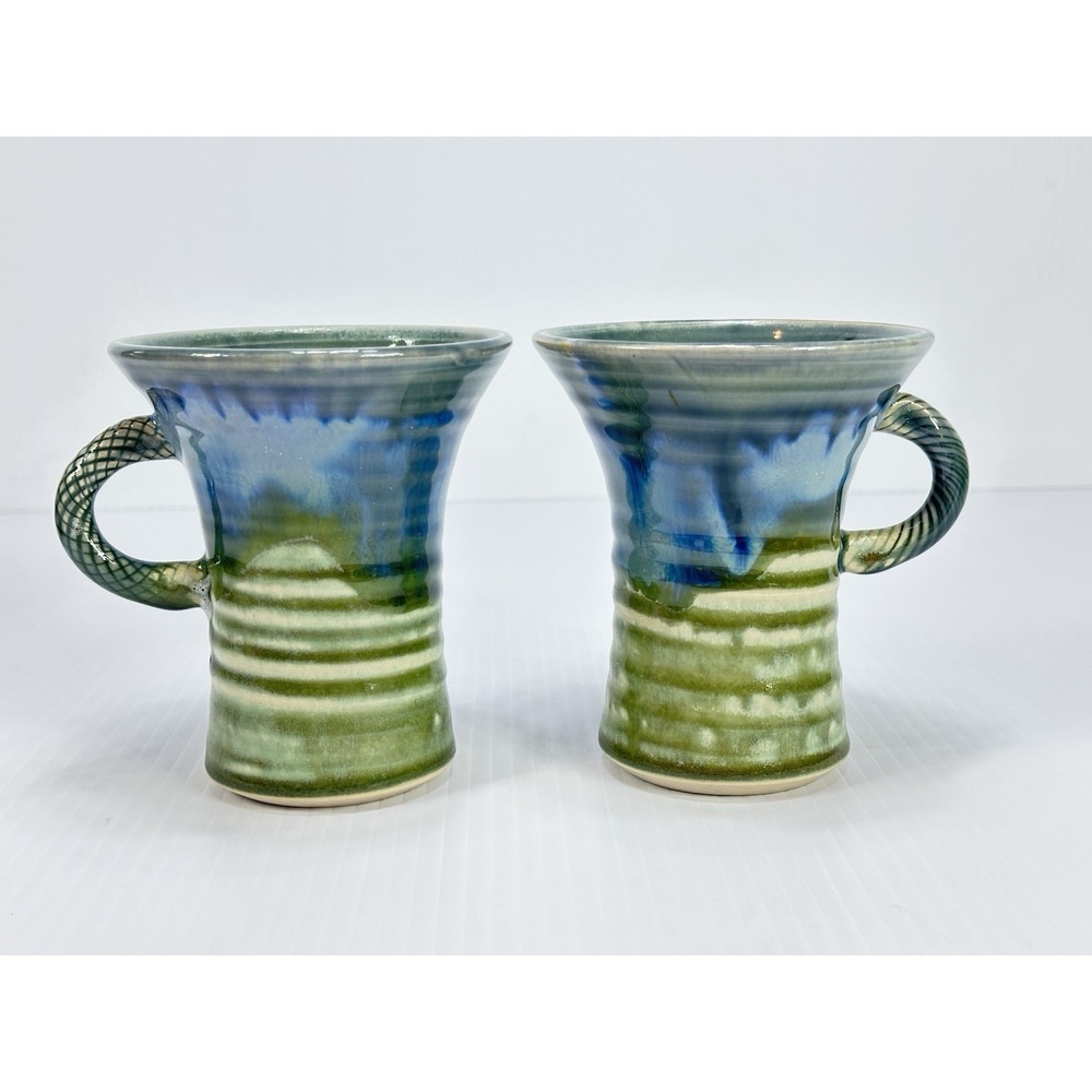 Jackson Pottery Kilkenny Ireland Stoneware Mugs Set 2 Blue Green Glazed Vintage